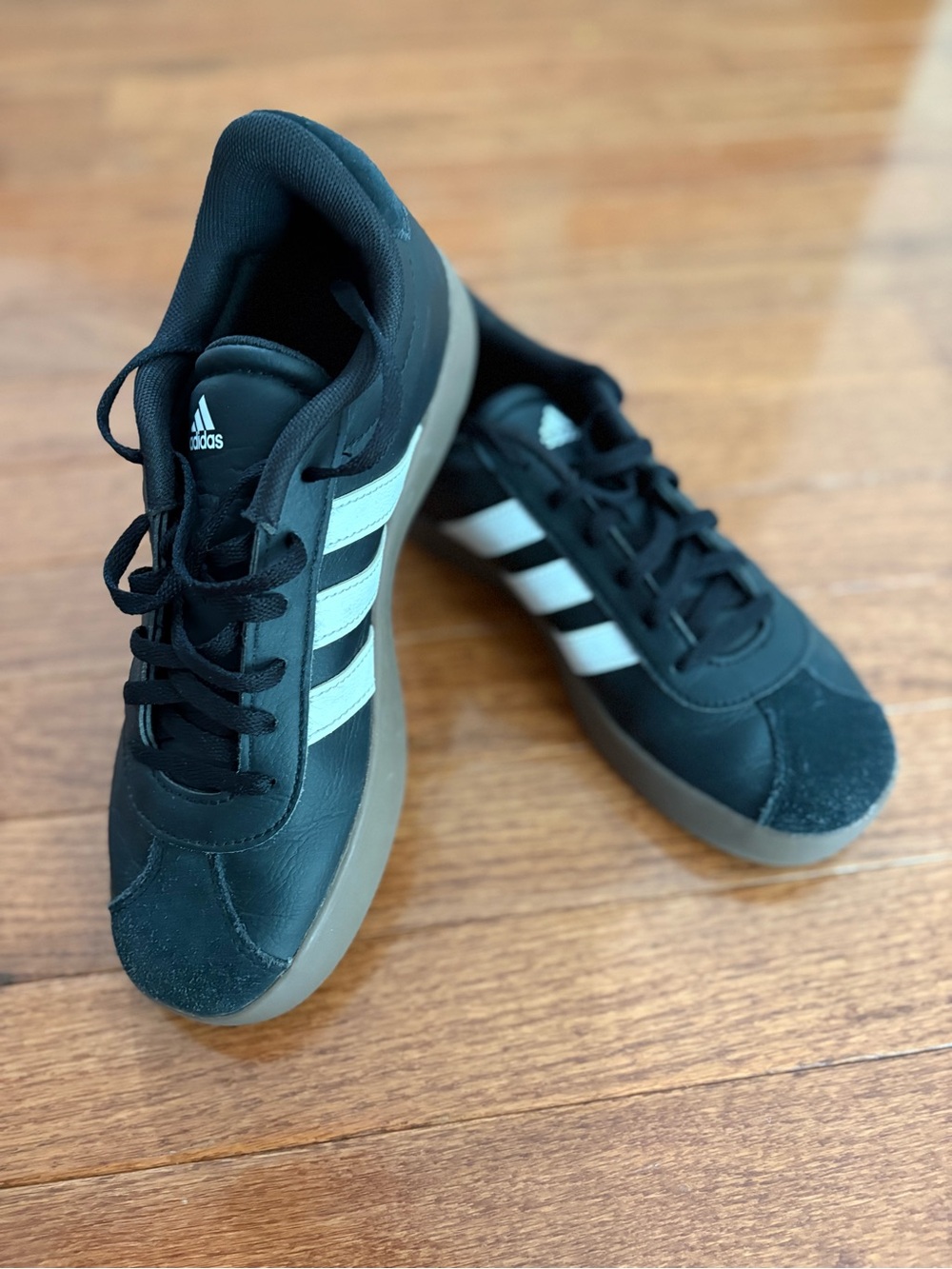 adidas Men’s Black Sneakers with White Stripes and Gum Sole